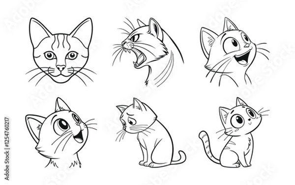 Fototapeta Cute cartoon cat line art illustrations. set of cat head line art vector in different expressions, happy, sad, aggressive, cute kitten head line art vector illustration isolated on white background.