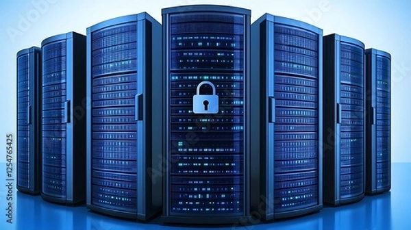 Obraz Modern Data Server Racks with Secure Lock Symbol Representing Data Protection and Cyber Security Technology