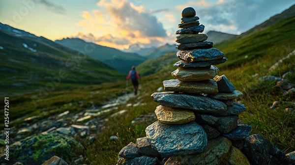 Fototapeta Serene mountain trail with a hiker and a stone cairn at sunset in a lush landscape