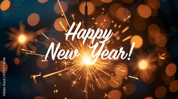 Fototapeta Happy New Year Sparkler Image: Festive Celebration with Bokeh Lights, Holiday Greeting Card, New Year's Eve Party, Warm Golden Tones, Sparkly Background