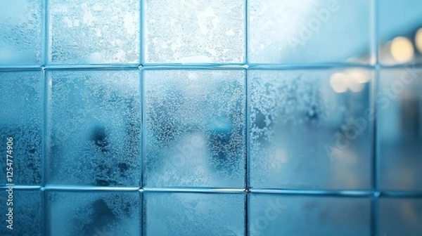 Fototapeta Frosty window panes, close-up view. Ideal for winter, cold weather, or isolation themes.