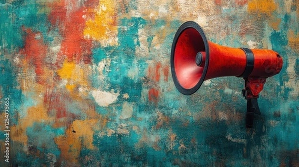 Fototapeta Red megaphone against a colorful textured wall, ideal for communication themes.