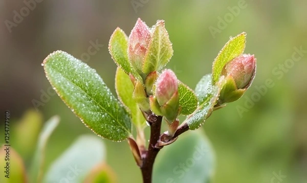 Fototapeta dew-covered buds and leaves in springtime, Generative AI