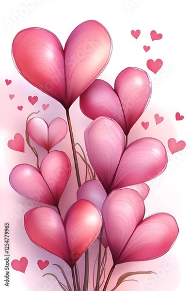 Fototapeta pink flowers in the shape of hearts on a light background, postcard, poster,