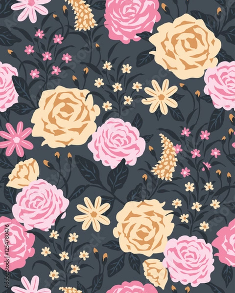 Fototapeta Beautiful pattern of rose flowers in pink and yellow, surrounded by small wildflowers in dark colors. This moody and romantic design is ideal for unique and memorable design projects.