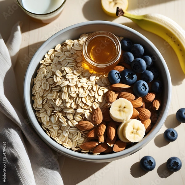 Fototapeta The warm and natural lighting enhances the textures and colors of the ingredients, from the crispness of the almonds to the glossiness of the honey and the vibrant freshness of the fruits.