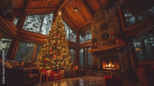 Fototapeta A rustic Christmas tree, decorated with ornaments and lights, is in a cozy living room with a fireplace. Presents are under the tree. A view of the