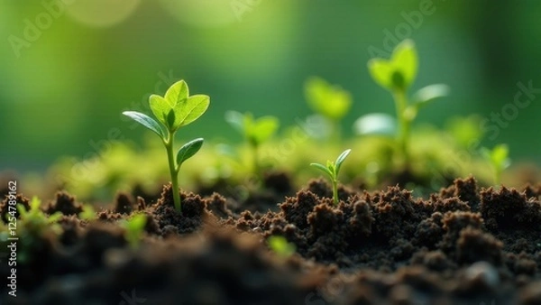 Fototapeta Early Spring Growth Delicate Seedlings Emerging from Rich Soil, Basking in the Gentle Sunlight