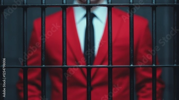 Fototapeta A man in a striking red suit stands behind bars, conveying themes of confinement and elegance in a dramatic setting.