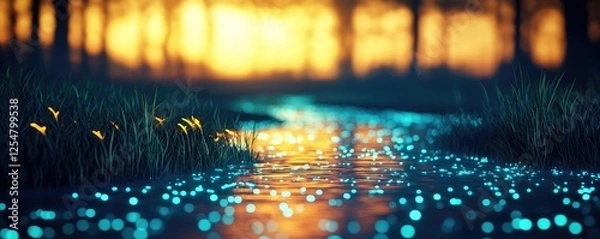 Fototapeta Glow forest idea. A tranquil river reflecting a stunning sunset surrounded by glowing flora.