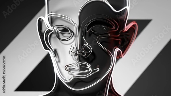 Fototapeta Abstract portrait of a face, split into dark and light halves, created with neon line art.