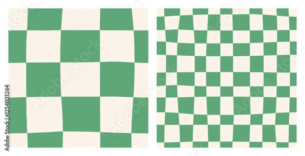 Fototapeta Seamless abstract monochrome set of large and small checkerboard pattern on a light background, green checkered pattern set, simple hand drawn illustration, flat style