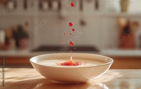 Fototapeta A beautifully styled advertisement-ready image featuring a drop of red food dye falling into a bowl of milk, with a cozy kitchen in the background