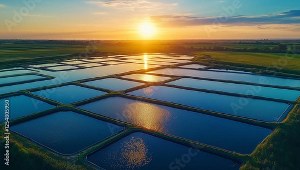 Fototapeta Aerial view of a fish farm with lakes and aquaculture ponds for shrimp farming in a natural landscape at sunset