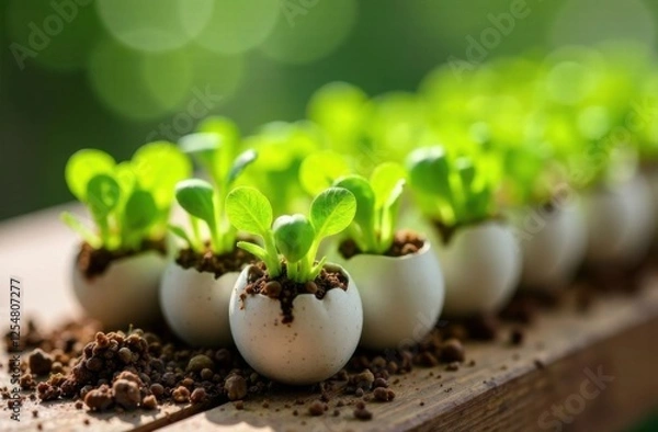 Fototapeta Microgreens in the eggshells, spring and easter concept