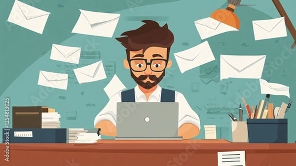 Fototapeta Male Professional Working at a Desk Surrounded by Floating Envelopes with a Laptop, Organized Workspace, Creative Office Atmosphere, Concept of Modern Work Life
