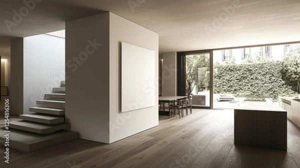 Fototapeta Modern minimalist living space with open layout, featuring a staircase, dining area, and garden view