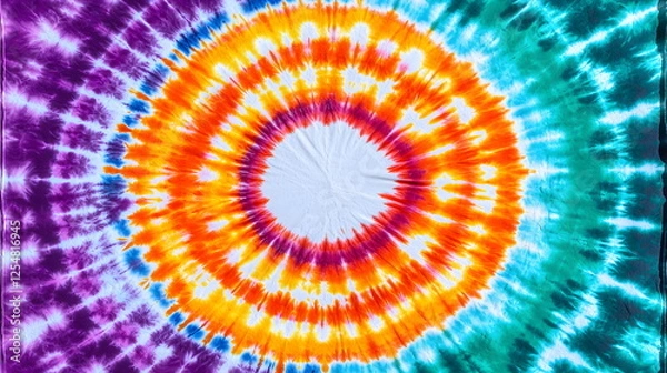 Fototapeta Colorful tie-dye swirl pattern with vibrant orange, purple, teal, and white creating a fun, artistic design.
