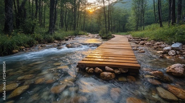 Fototapeta Serene wooden pathway crossing a tranquil stream at sunset, surrounded by lush green forest