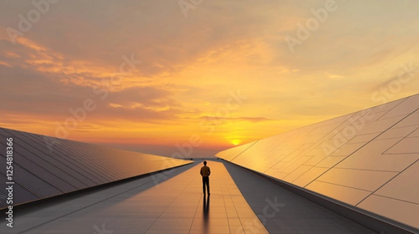 Fototapeta Exploring the Future: Engineers at Solar Energy Park Amid Reflective Panels in Serene Atmosphere