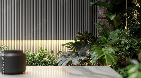 Fototapeta Modern indoor plant arrangement with textured wall, soft lighting, and lush greenery in background
