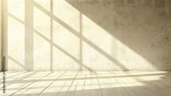 Fototapeta Sunlit interior with shadows cast on a textured wall and wooden floor, creating a serene atmosphere