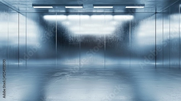 Fototapeta Empty modern metallic room with reflective surfaces and soft lighting, ideal for futuristic settings