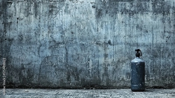 Fototapeta Industrial setting featuring a gray gas cylinder against a textured concrete wall, evoking a sense of abandonment