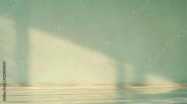 Fototapeta Soft green wall with gentle shadows and light creating a serene atmosphere in an empty space