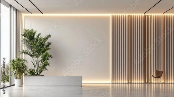 Fototapeta Modern minimalist interior design featuring a plant, soft lighting, and a serene atmosphere