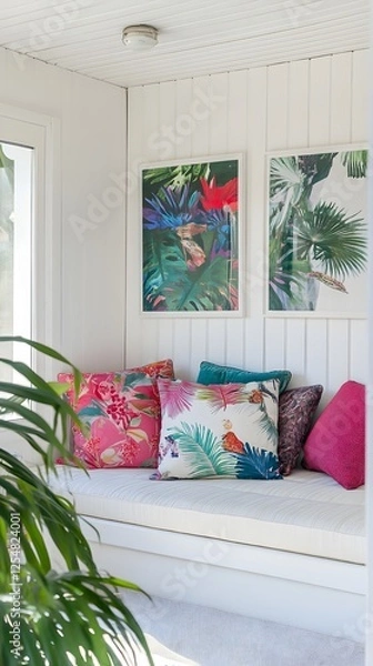 Fototapeta A low-slung, nature-inspired sitting area with colorful cushions and a white frame.