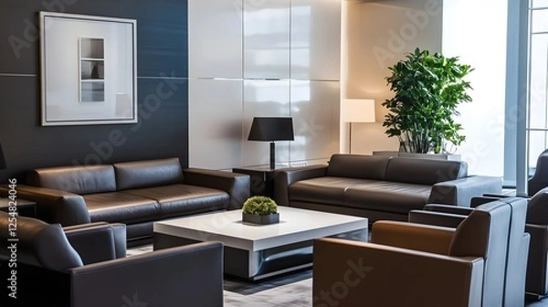 Obraz A luxurious corporate lounge with deep leather sofas, a minimalist coffee table, and a white frame.