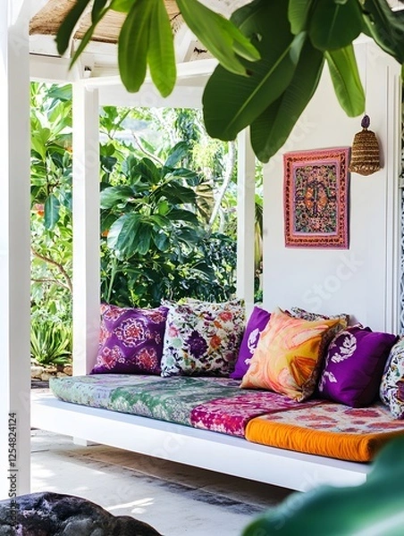 Fototapeta A low-slung, nature-inspired sitting area with colorful cushions and a white frame.