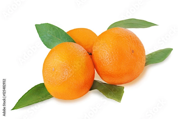 Fototapeta Fresh tangerines with green leaves isolated on white background. Closeup.
