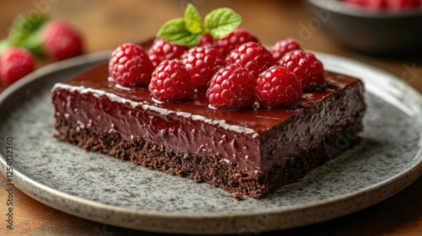 Fototapeta Gluten-free chocolate tart with a raspberry topping served on a marble plate
