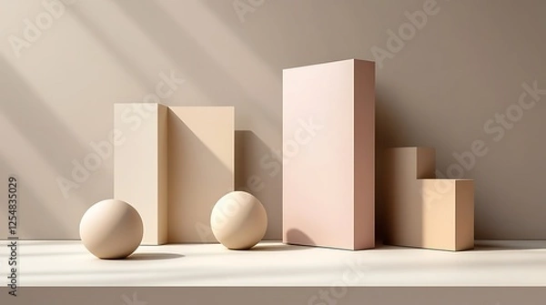 Fototapeta Minimalist geometric composition with abstract pastel-colored blocks arranged in a modern architectural style, featuring soft shadows and a neutral-toned background for aesthetic design


