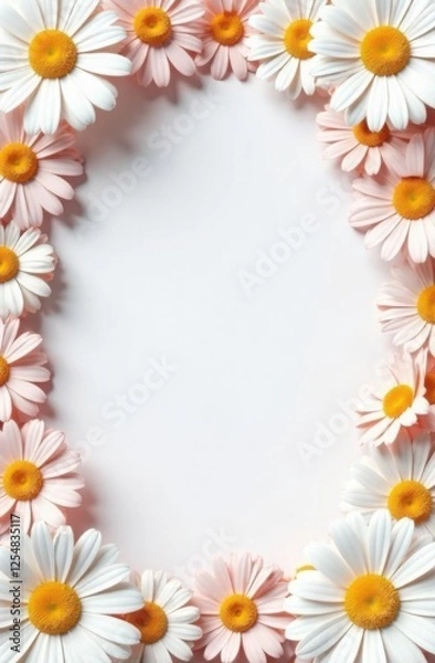 Fototapeta Oval frame decorated with daisies on white background with space for text, card template