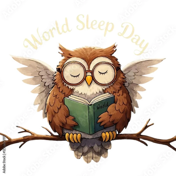 Fototapeta Sleepy owl with glasses and book - World Sleep Day text with transparent background