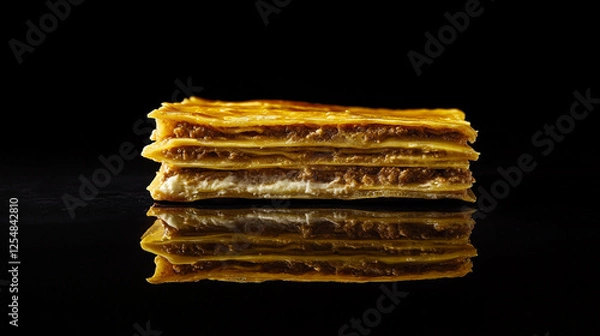 Fototapeta Delicious layers of flaky pastry with rich filling displayed on a reflective surface