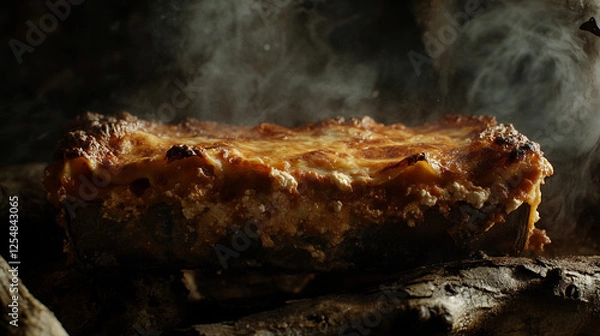 Obraz Delicious lasagna cooking over an open fire in a rustic outdoor setting at sunset