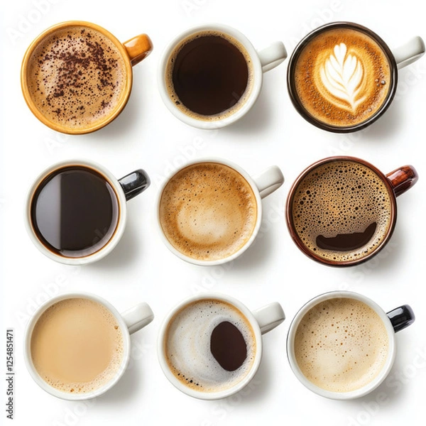 Fototapeta Nine cups of coffee, each filled with a different brew, arranged in a grid pattern against a clean, white background.