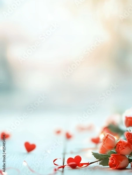 Obraz Red roses and heart-shaped decorations on a light wooden surface. Soft bokeh background with copy space. Valentine's Day concept. Design for greeting cards, invitations, and posters. Flat lay composit