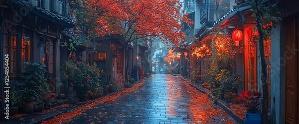 Fototapeta Rain-soaked autumn alley with red leaves and lanterns.