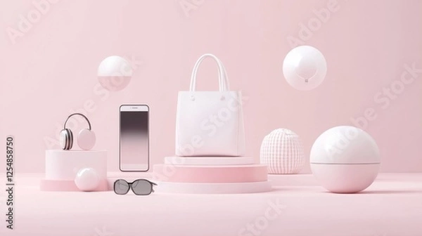 Fototapeta premium shopping interface elements, floating white circular pods, lifestyle product icons, modern digital devices, fashion and home items, minimalist 3d vector design, soft gradient pink background,