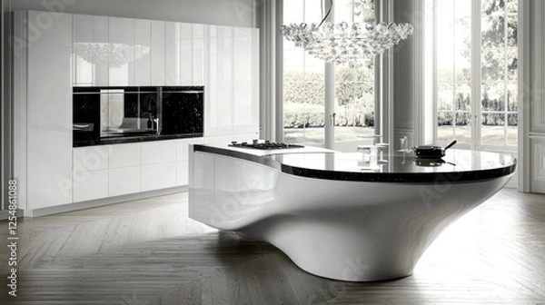 Fototapeta Modern Luxury Kitchen Island Design: Sleek White and Black Granite