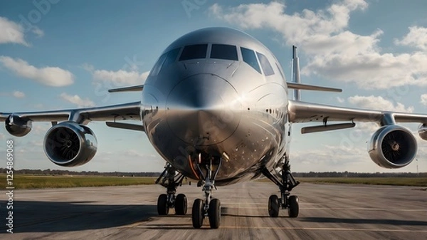 Fototapeta A futuristic cargo plane using AI to optimize weight distribution and route efficiency, featuring robotic loading systems and real-time logistics tracking


