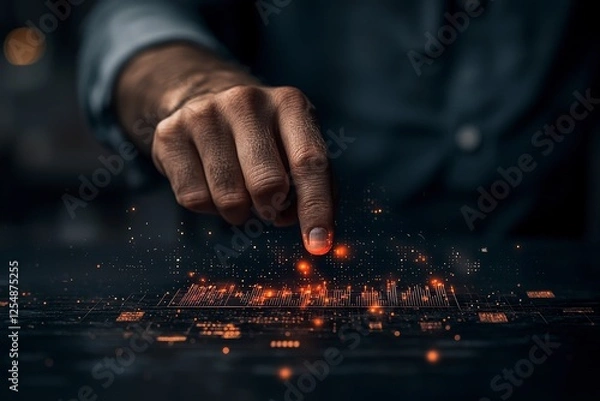 Obraz Hand Touching Digital Interface with Glowing Data Points and Connections in Futuristic Concept