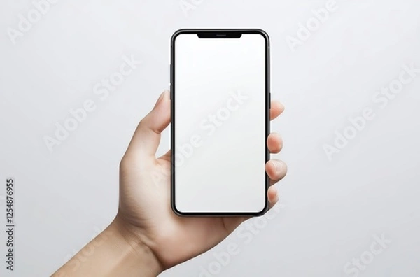 Fototapeta Hand Holding a Modern Smartphone with a Blank Screen Against a Minimalist Background