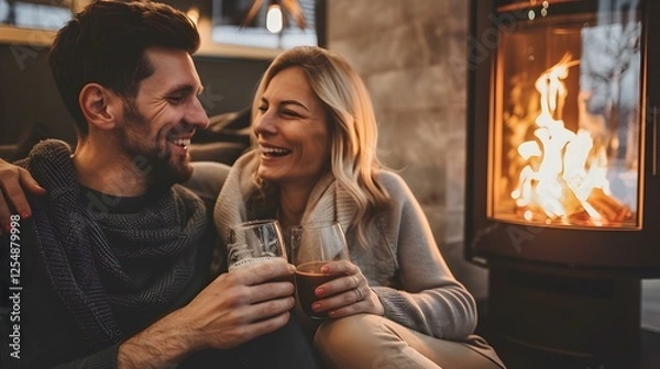 Obraz Romantic couple enjoying drinks by a fireplace.  Cozy winter evening scene.