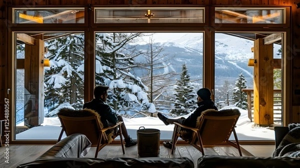 Obraz Two men relax in chairs, enjoying a breathtaking snowy mountain view through a large window of a cozy cabin.